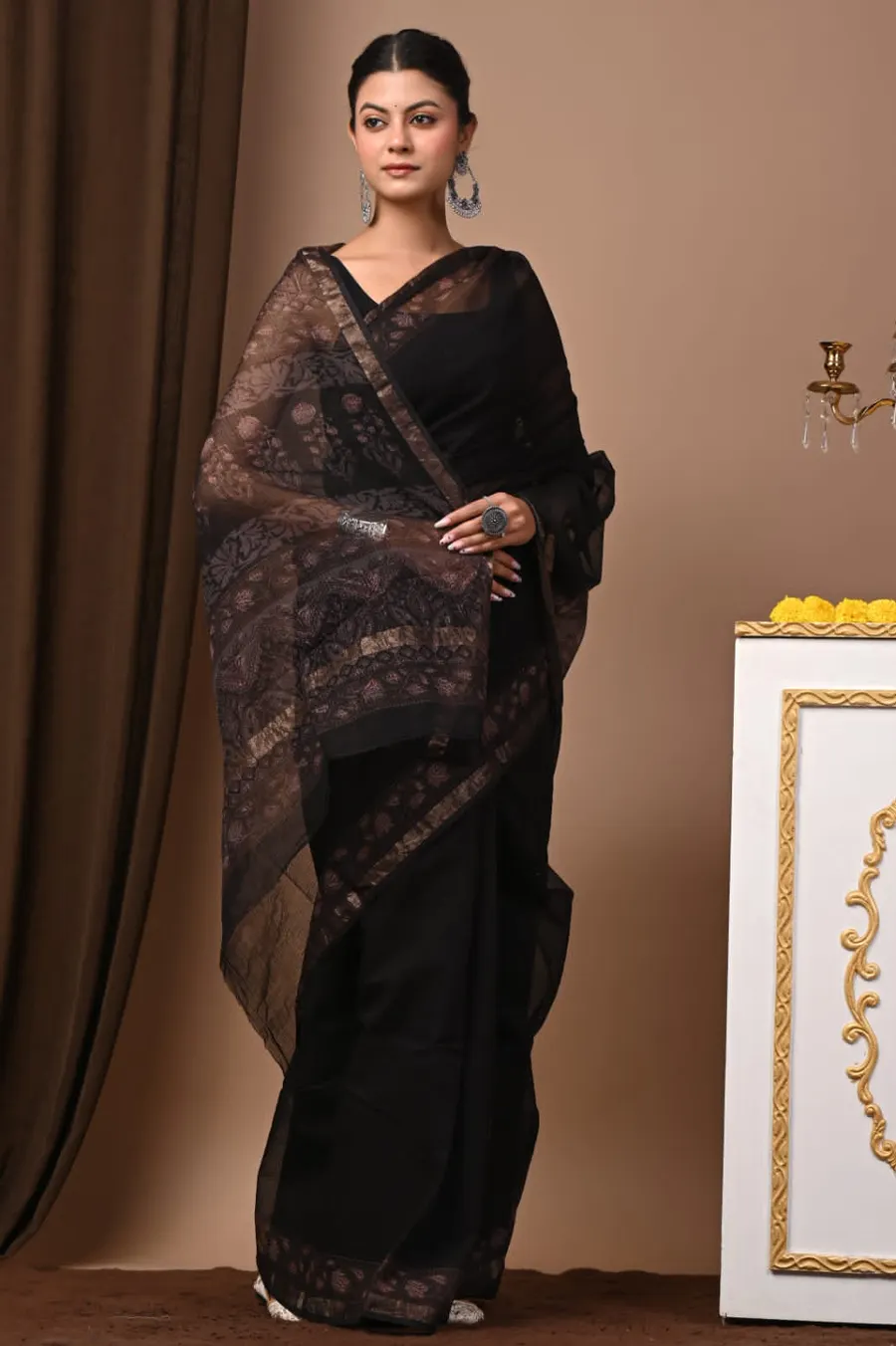 Handcrafted Bagru Print Black Colour Kota Sarees